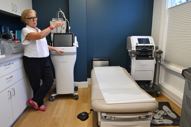 Dr. Lizellen La Follette talks about her new clinic in one of the exam rooms at the MarinHealth Women's Lifelong Health and Wellness Clinic in Greenbrae, Calif., on Wednesday, May 6, 2026. (Alan Dep/Marin Independent Journal)