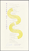 A narrow poster featuring a vertical poem titled "Rivers of Light," with text printed over a large, yellow, winding river graphic—perfect for museums seeking unique, poetic art displays.