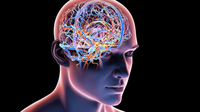Man with brain visible in head