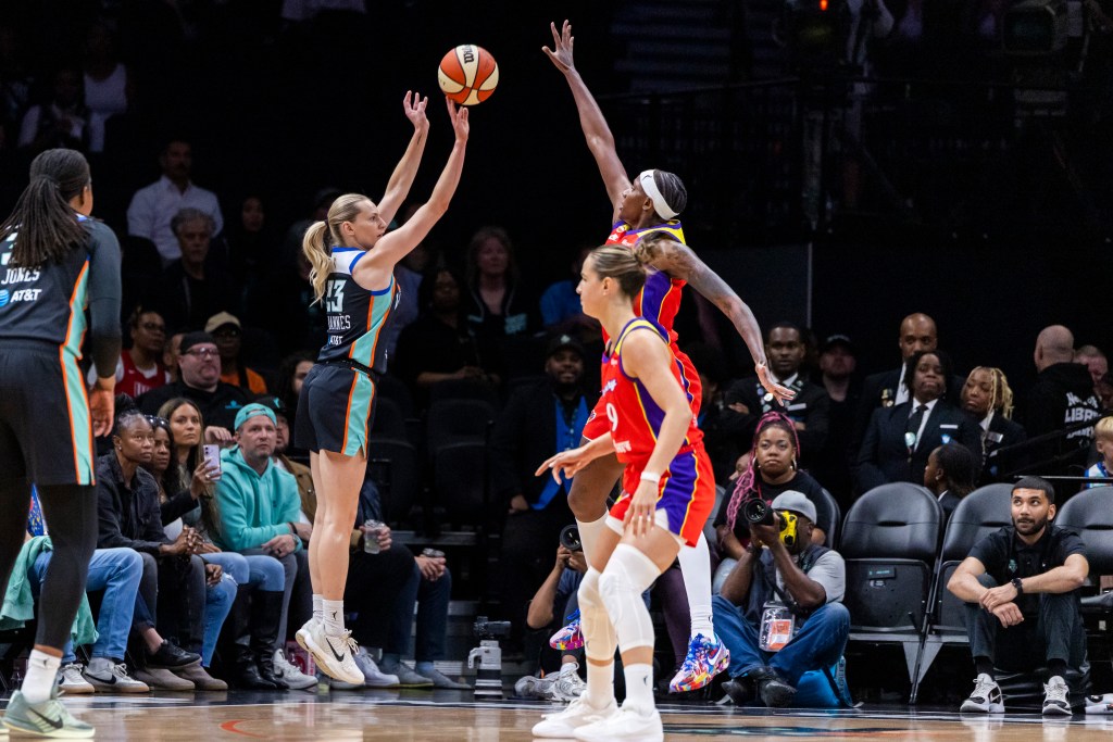 Marine Johannès, who scored a teamp-high 21 points, shoots a 3-pointer during the Liberty's 84-74 win over the Mercury on May 27, 2026 at Barclays Center.