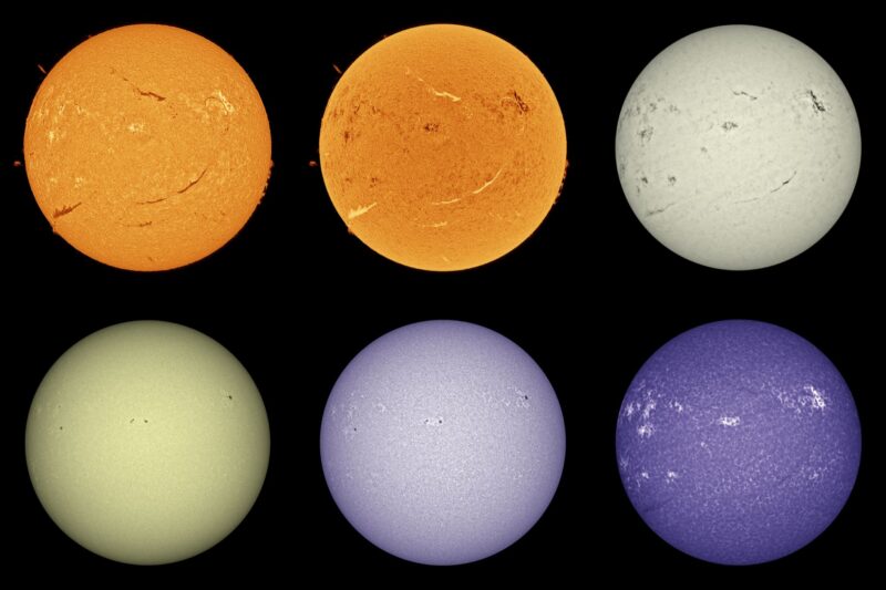 The sun, seen as six spheres in different bright colors.