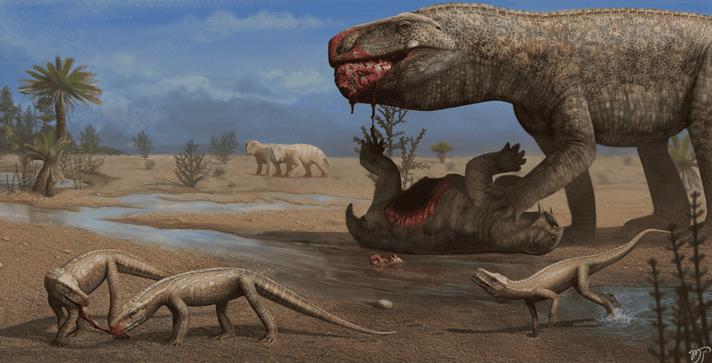 Illustration of a large theropod dinosaur hunting smaller dinosaurs in a prehistoric landscape.