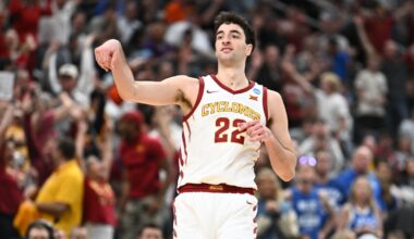 Mar 22, 2026; St. Louis, MO, USA; Iowa State Cyclones forward Milan Momcilovic (22) celebrates after a play during the second half against the Kentucky Wildcats during a second round game of the men's 2026 NCAA Tournament at Enterprise Center. Mandatory Credit: Jeff Le-Imagn Images