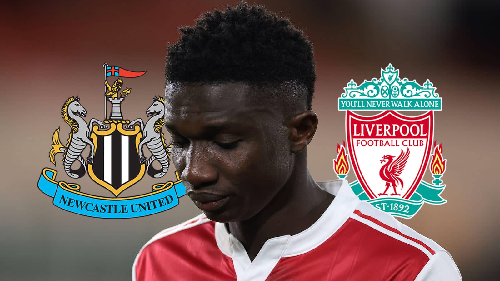 Monaco midfielder Lamine Camara next to the badges of Newcastle United and Liverpool