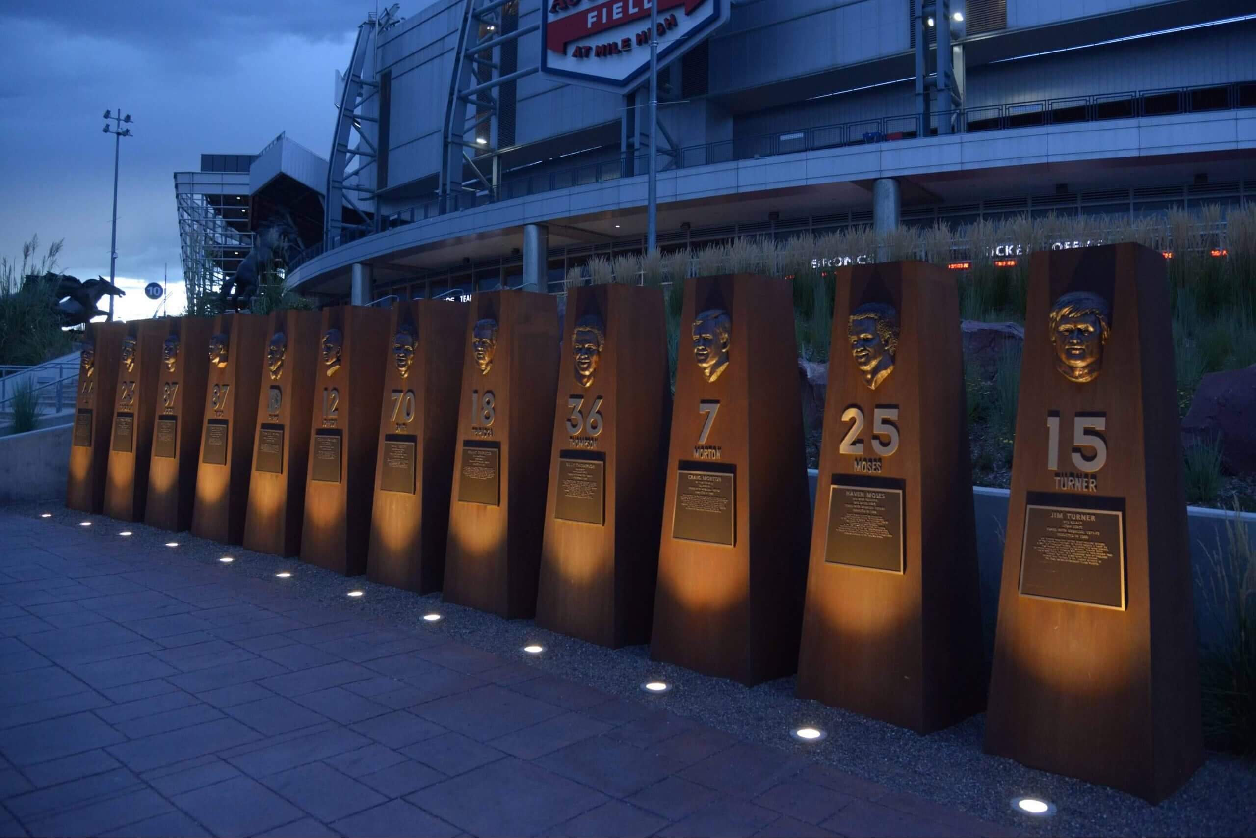 General view of the historical monument pillars of former Denver Broncos players at Sports Authority Field at Mile High.