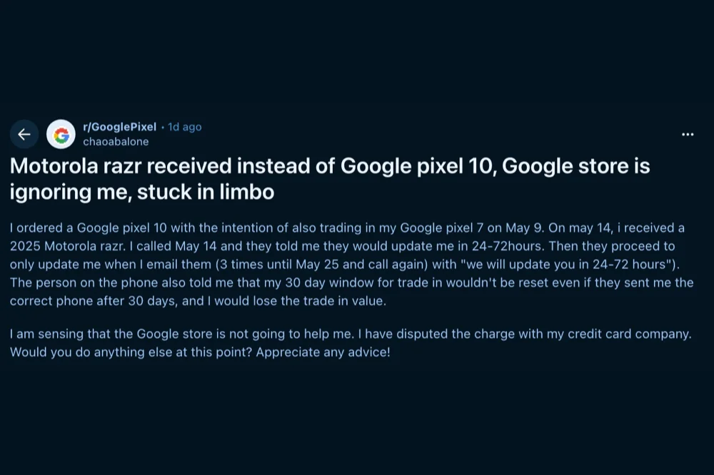 Reddit thread from Pixel 10 buyer