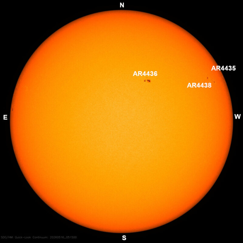 The sun, seen as a large yellow sphere with dark spots, each labeled.