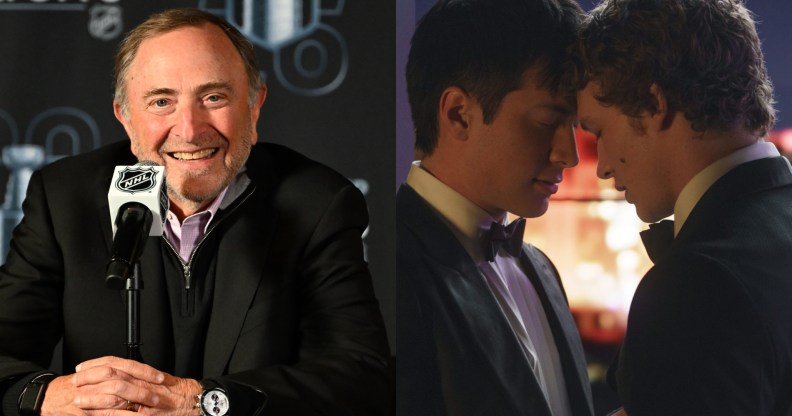 Two images: National Hockey League Commissioner Gary Bettman sat in front of a mic. Heated Rivarly still of Shane Hollander (Hudson Williams) and Ilya Rozanov (Connor Storrie) resting their foreheads together.