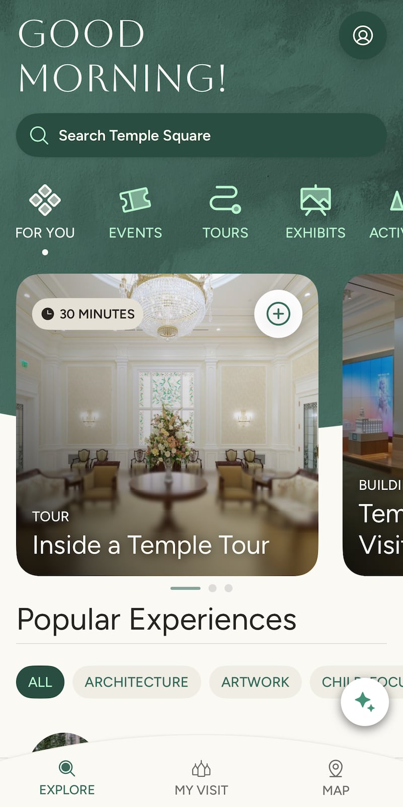 The  "Explore" section is pictured on the Temple Square app of The Church of Jesus Christ of Latter-day Saints.