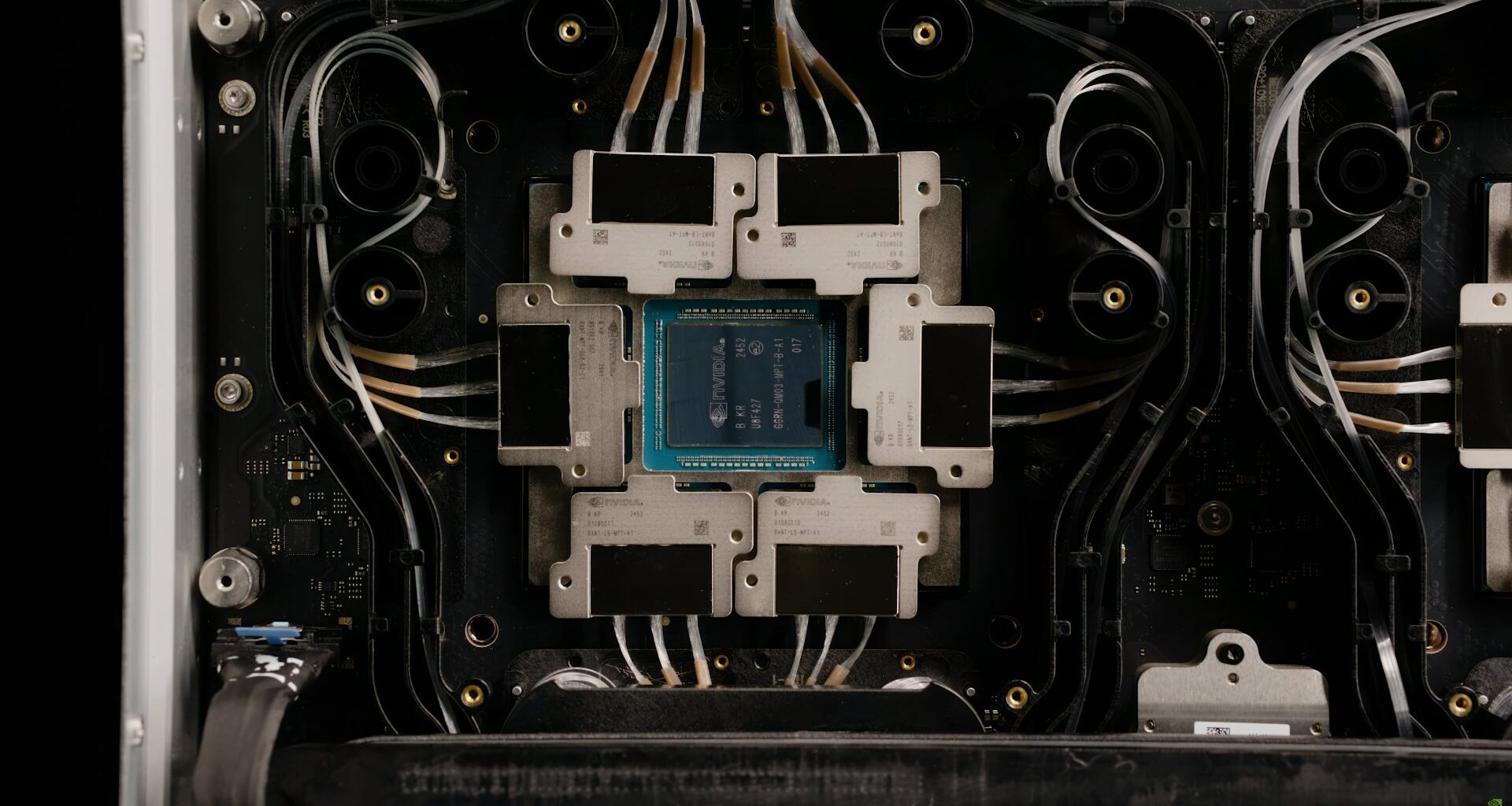 An NVIDIA chip labeled 'GH200 H100 NVL' is positioned centrally within a complex cooling system.