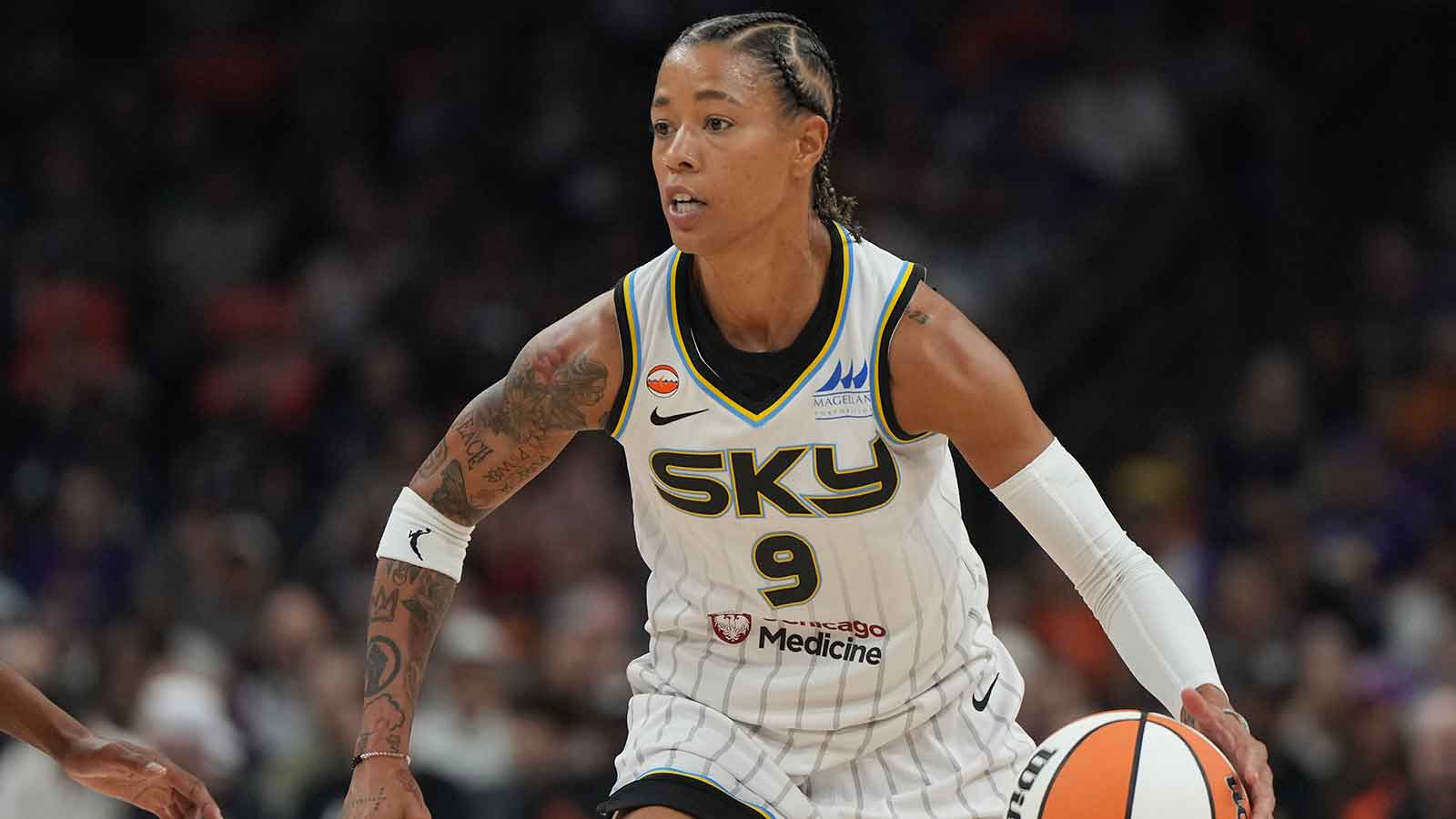 Chicago Sky guard Natasha Cloud (9) drives against the Phoenix Mercury in the first half at Mortgage Matchup Center.