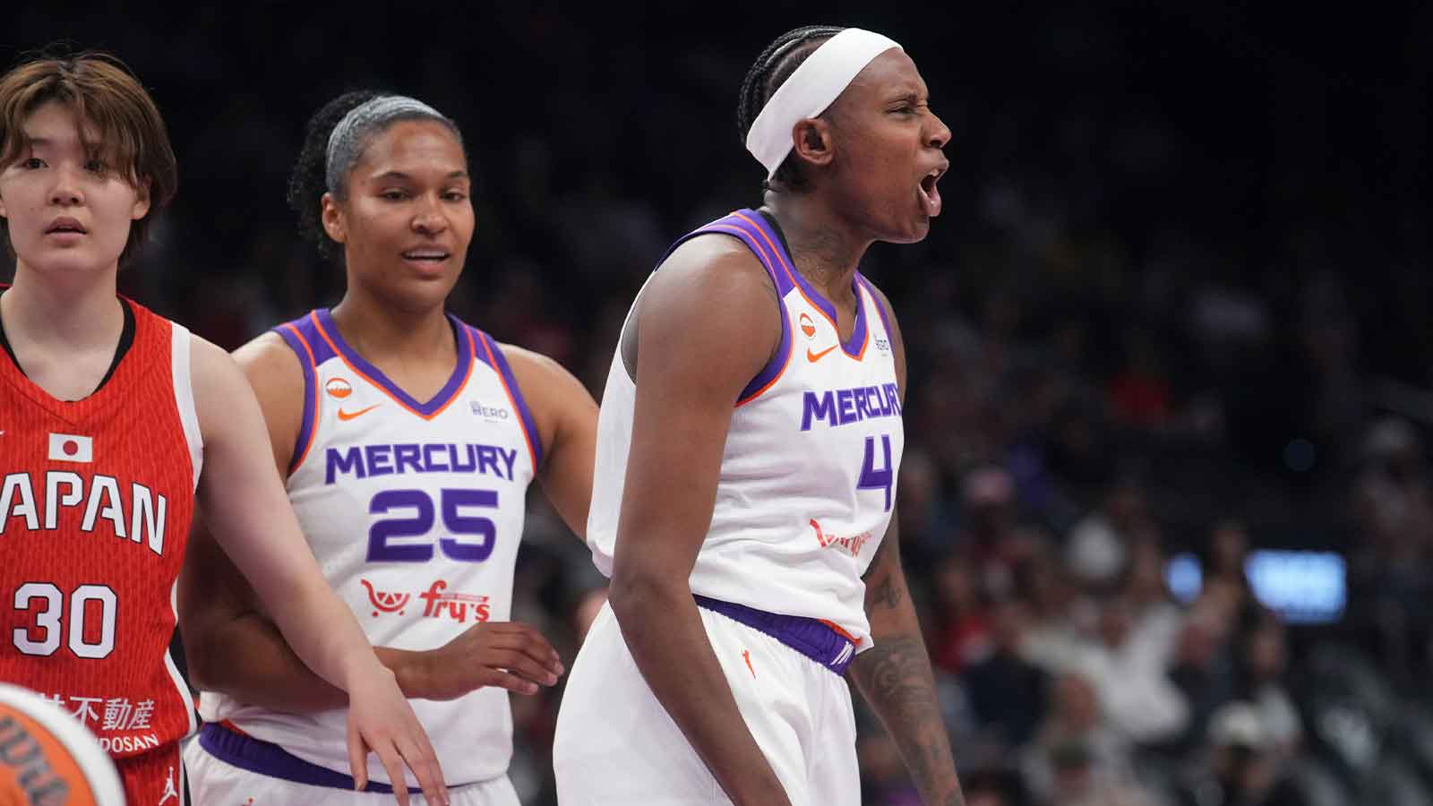 Phoenix Mercury forward Natasha Mack (4) celebrates making a shot while being fouled against Team Japan during their preseason game at Mortgage Matchup Center in Phoenix, on April 29, 2026.