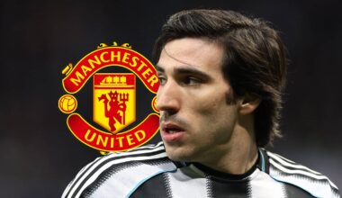 Newcastle's Sandro Tonali next to the Manchester United badge