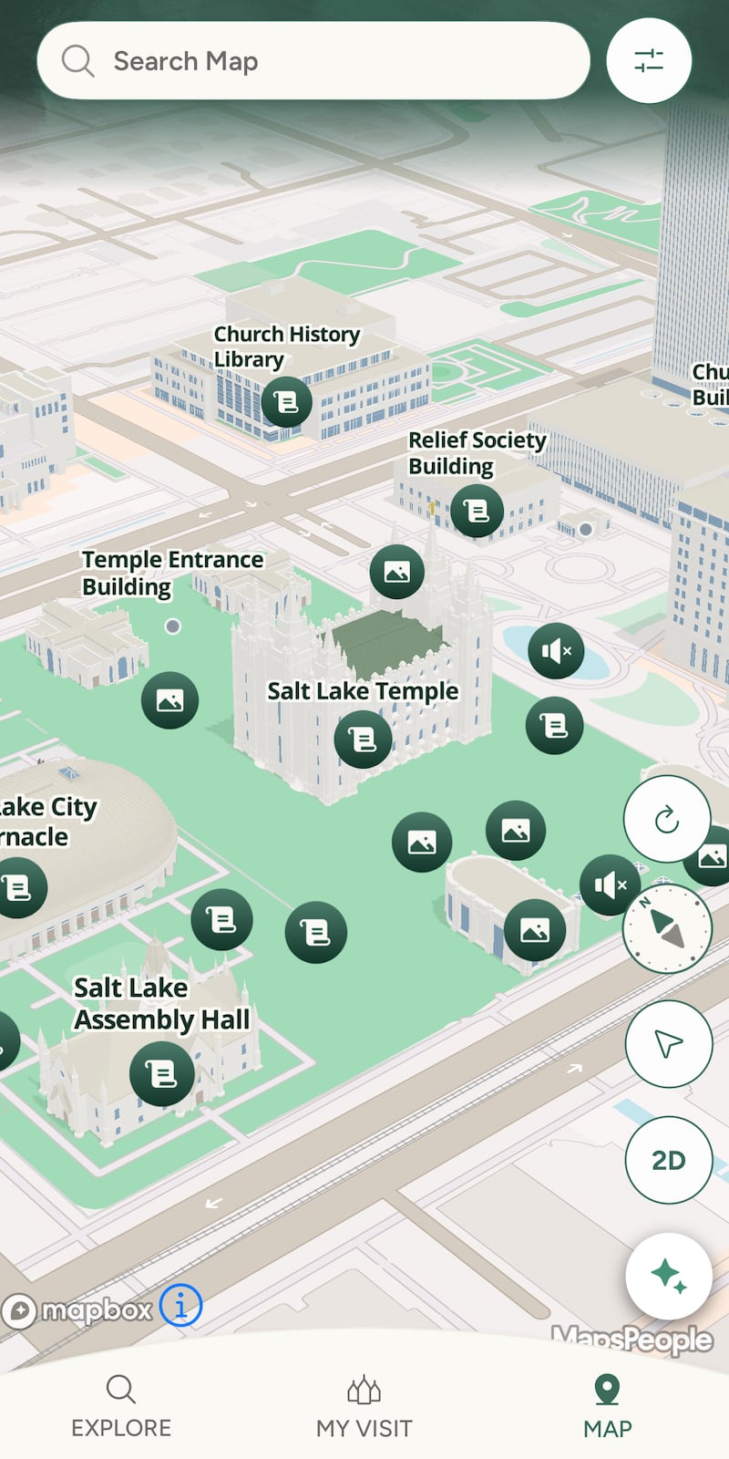 The  "Map" section is pictured on the Temple Square app of The Church of Jesus Christ of Latter-day Saints.
