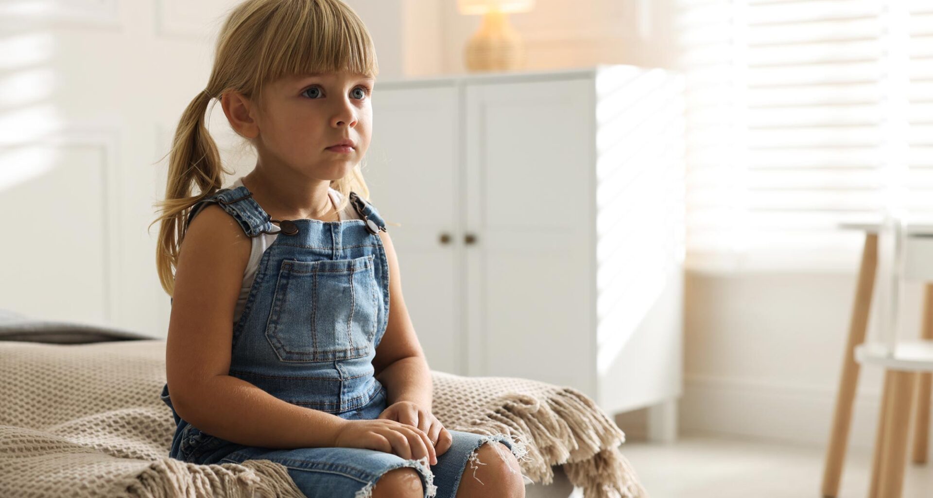 Orphanage Concept Sad Lonely Little Girl Sitting Bed
