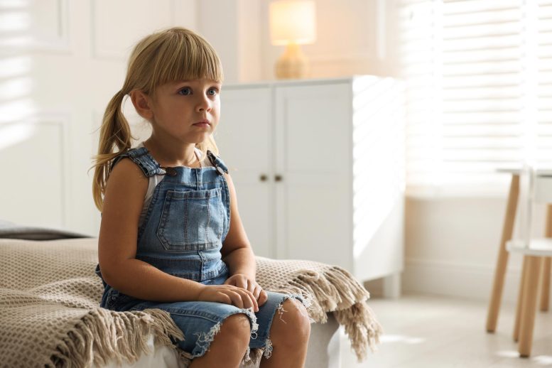 Orphanage Concept Sad Lonely Little Girl Sitting Bed