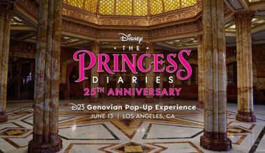 Ornate marble columns and golden ceilings surround the text &ldquo;Disney The Princess Diaries 25th Anniversary D23 Genovian Pop-Up Experience June 13 Los Angeles, CA.&rdquo;