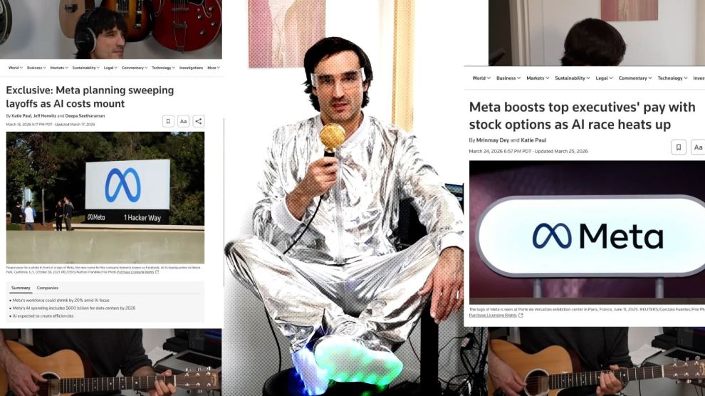 A man in a silver lamé suit surrounded by images of headlinees about Meta's layoffs and executive raises.