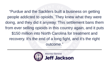Attorney General Jeff Jackson Secures Nearly $150 Million for North Carolina in Final Purdue/Sackler Opioid Settlement