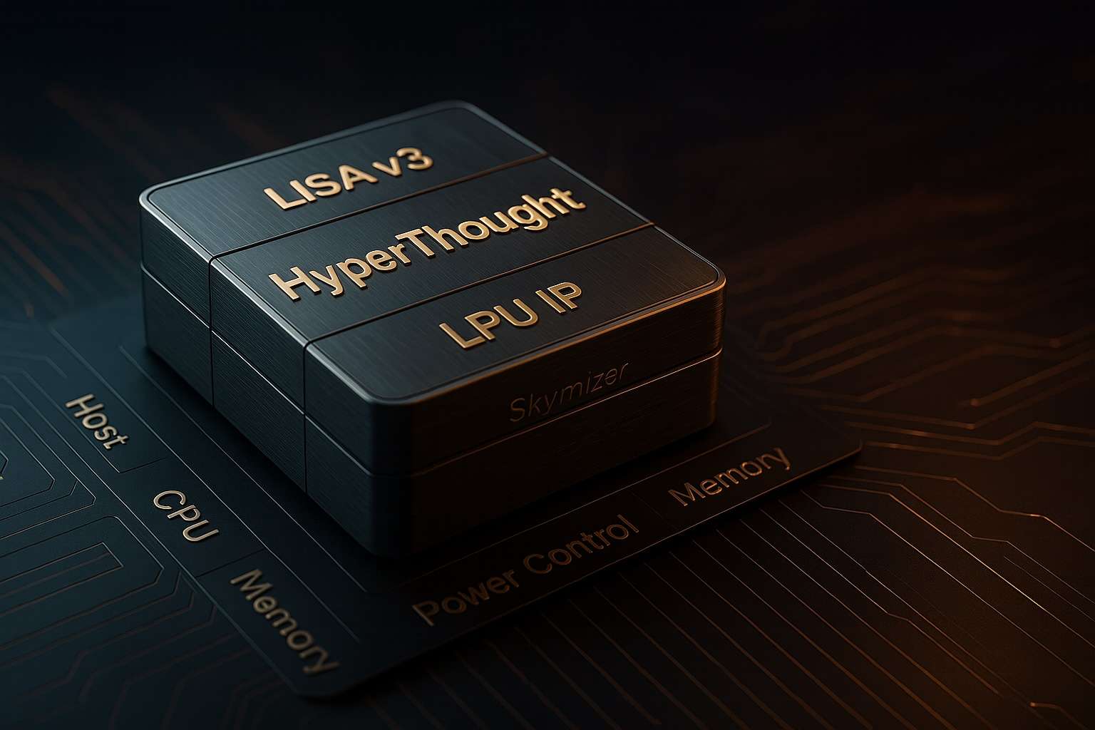 A 3D rendering of a chip stack labeled 'LISA v3,' 'HyperThought,' and 'LPU IP' on a circuit board with text 'Host,' 'CPU,' and 'Memory.'