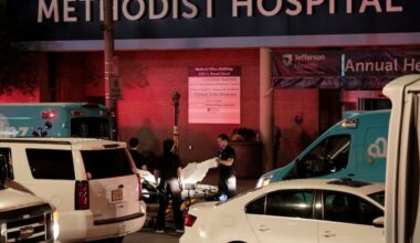 Ambulances line up on South Broad Street to evacuate patients from Jefferson Methodist Hospital in South Philadelphia in the early morning hours of Wednesday, May 20, 2026.