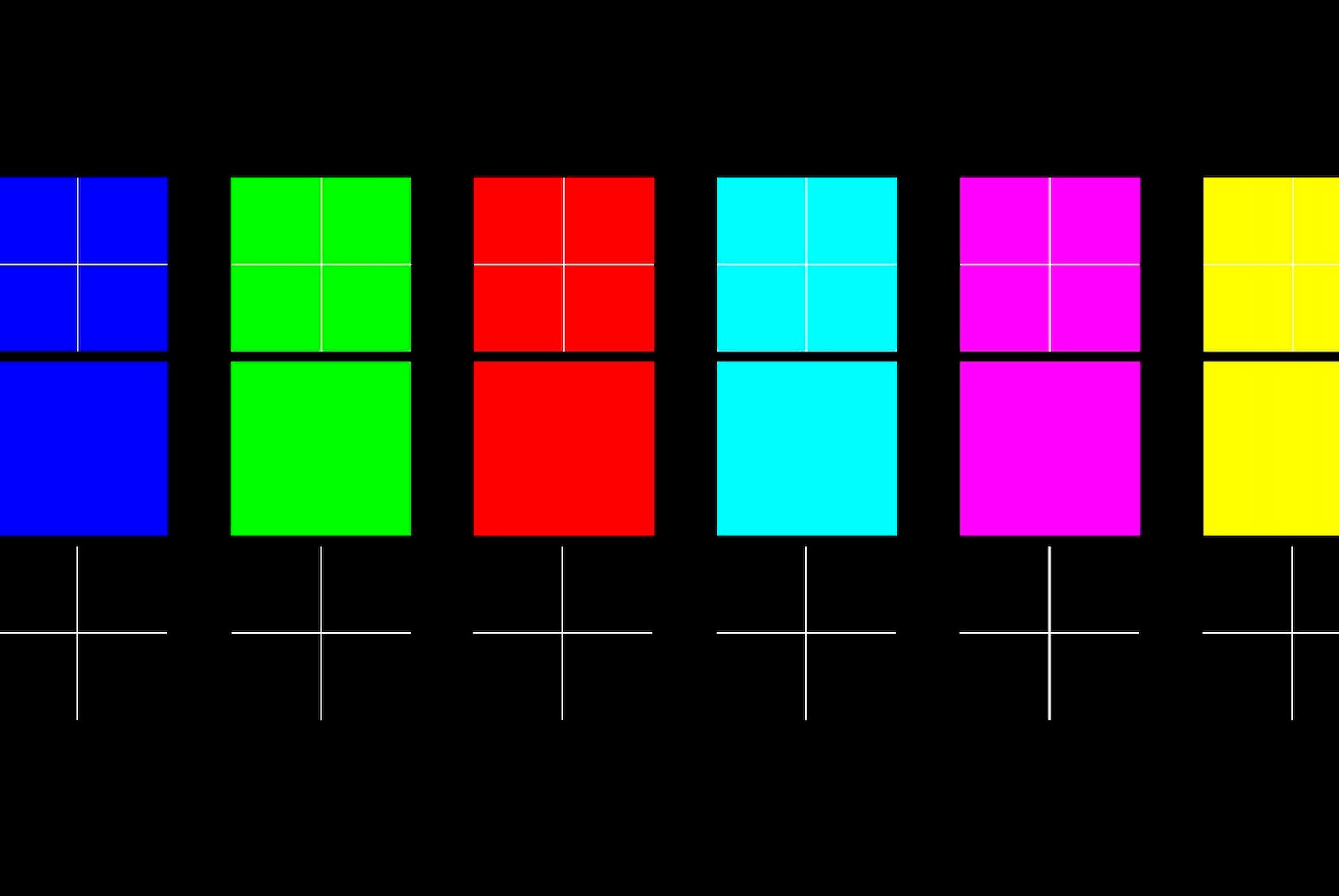 A black background with two rows of six boxes colored blue, green, red, cyan, magenta, and yellow. There are white crosses in each box of the top row, as well as white crosses underneath the second row of boxes.
