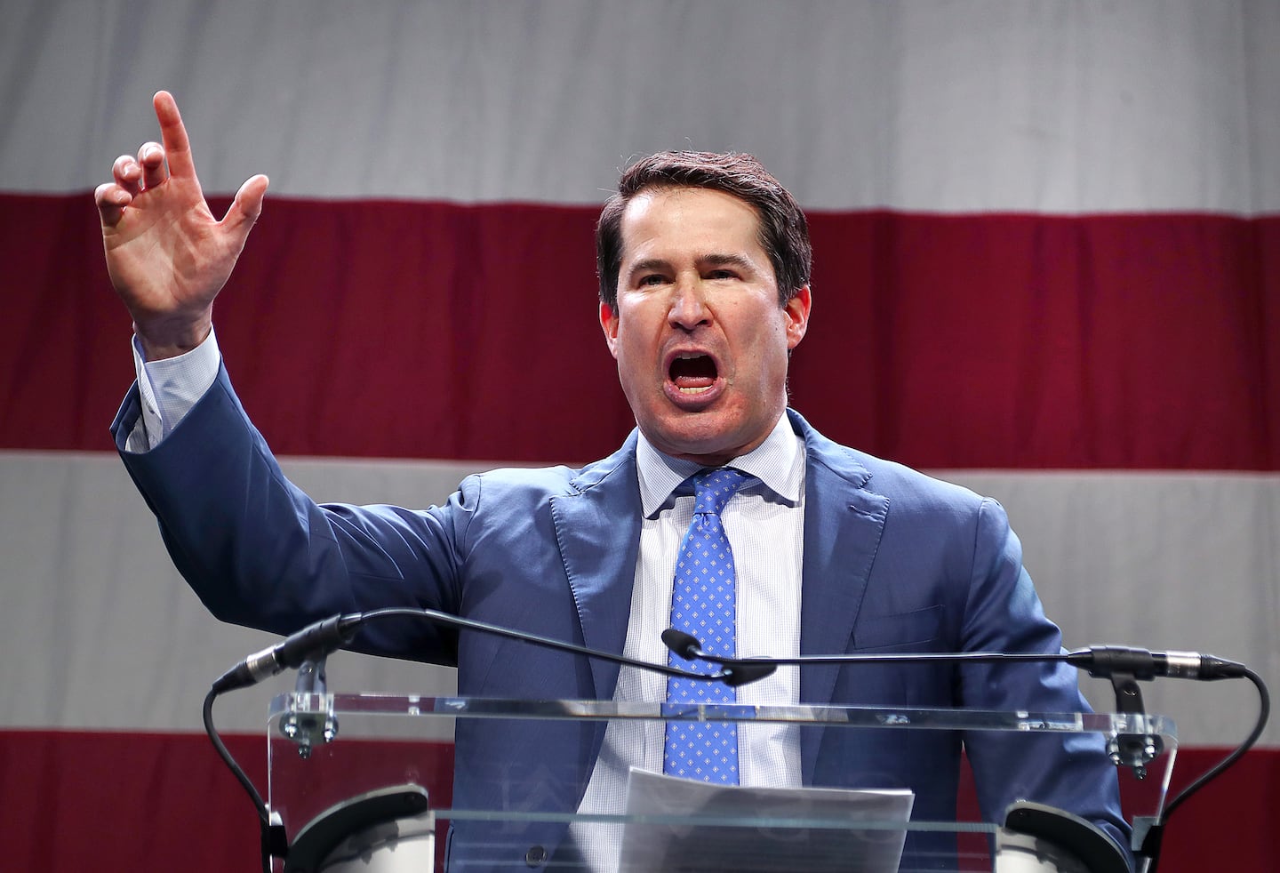 US Representative Seth Moulton, a US Senate candidate, speaks to Democratic delegates from the stage at Saturday's state party convention.