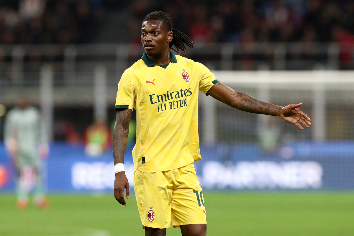 MILAN, ITALY - MAY 10: Rafael Leao of AC Milan gestures during the Serie A match between AC Milan and Atalanta BC at Giuseppe Meazza Stadium on May 10, 2026 in Milan, Italy. (Photo by Marco Luzzani/Getty Images)