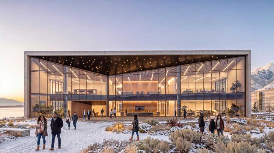 Rendering shows an initial vision of a building in the Stratos Project, a proposed data center campus project proposed in Utah.