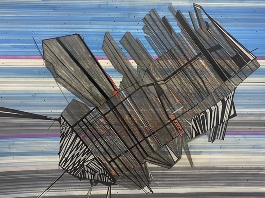Abstract geometric structure with intersecting lines and shapes set against a striped, multicolored background with blue, purple, and gray tones.