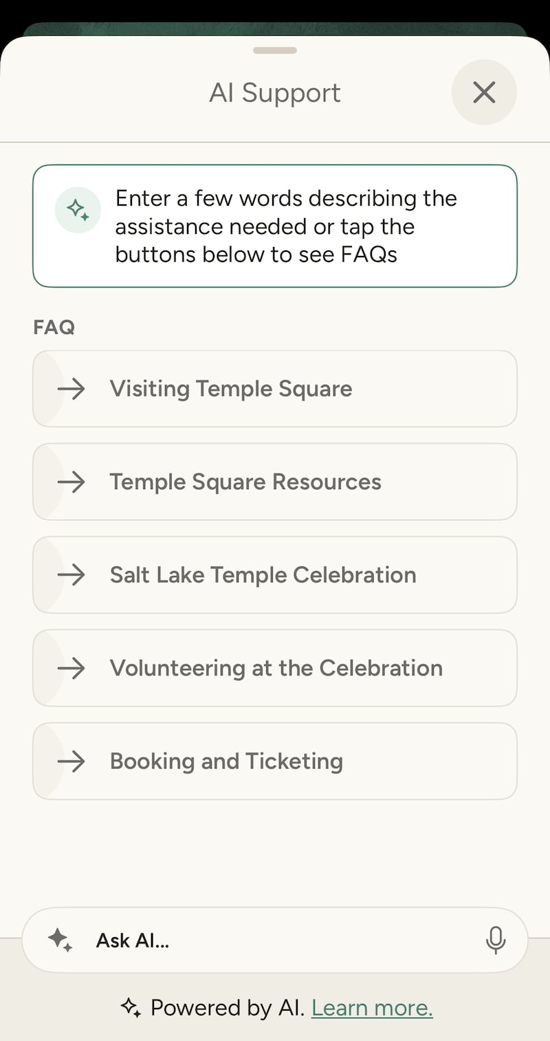 The AI support feature is pictured on the Temple Square app of The Church of Jesus Christ of Latter-day Saints.