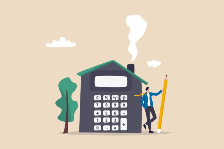 House mortgage calculation, residential budget, insurance or cost and expense, real estate investment or home decoration money concept, businessman agent or broker holding pencil with house calculator