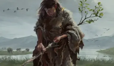 Ancient woman carving a branch near a lake, surrounded by wildlife and mountains