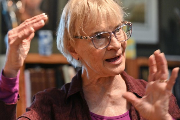Mary Pettis gestures while speaking.