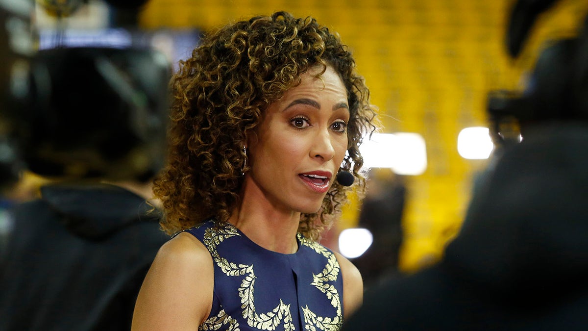 Sage Steele talking on set during NBA Finals game at Oracle Arena in Oakland