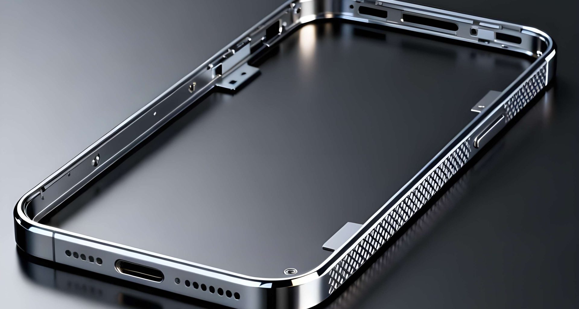A close-up of an unbranded metal smartphone frame with cutouts for buttons and ports on a dark surface.