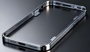 A close-up of an unbranded metal smartphone frame with cutouts for buttons and ports on a dark surface.