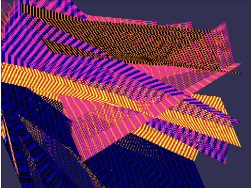 Abstract digital artwork featuring overlapping geometric shapes in pink, yellow, orange, and blue with striped patterns on a dark purple background—perfect for modern museums seeking bold visual statements.
