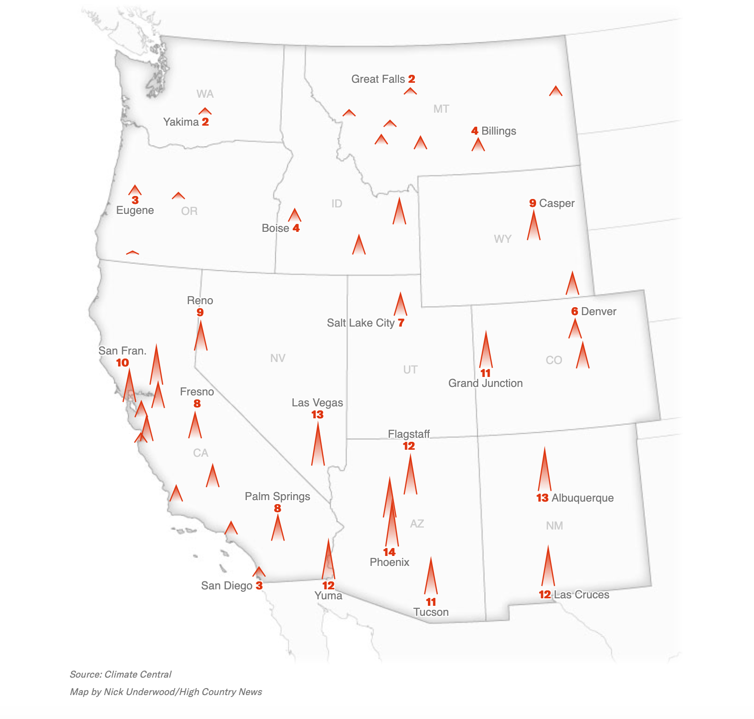 Map of Number of daily record highs broken in March 2026