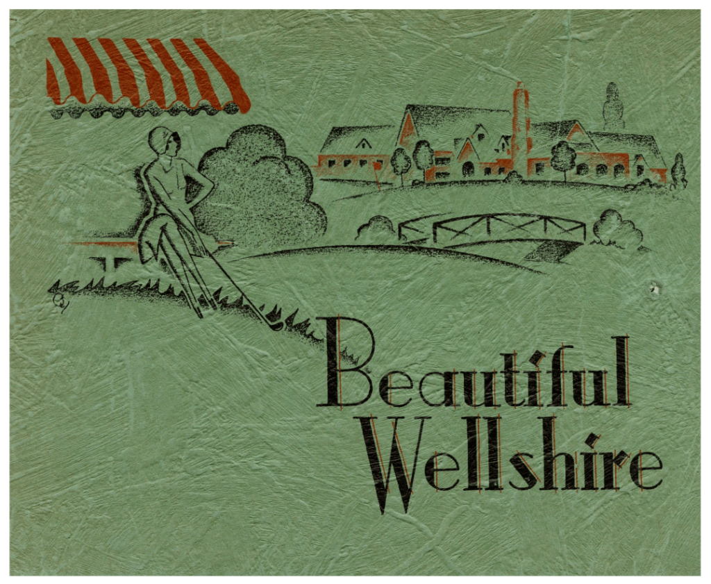 A green brochure illustrating a 1920's-era woman sitting on a bench with a golf club. She gazes off to the right at a red and black drawing of the clubhouse.