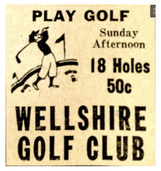 A Wellshire Golf Club advertisement that was published in the Rocky Mountain News on April 9, 1933. The ad shows a cartoon golfer swinging a club and reads "Sunday Afternoon: 18 Holes for 50 cents"