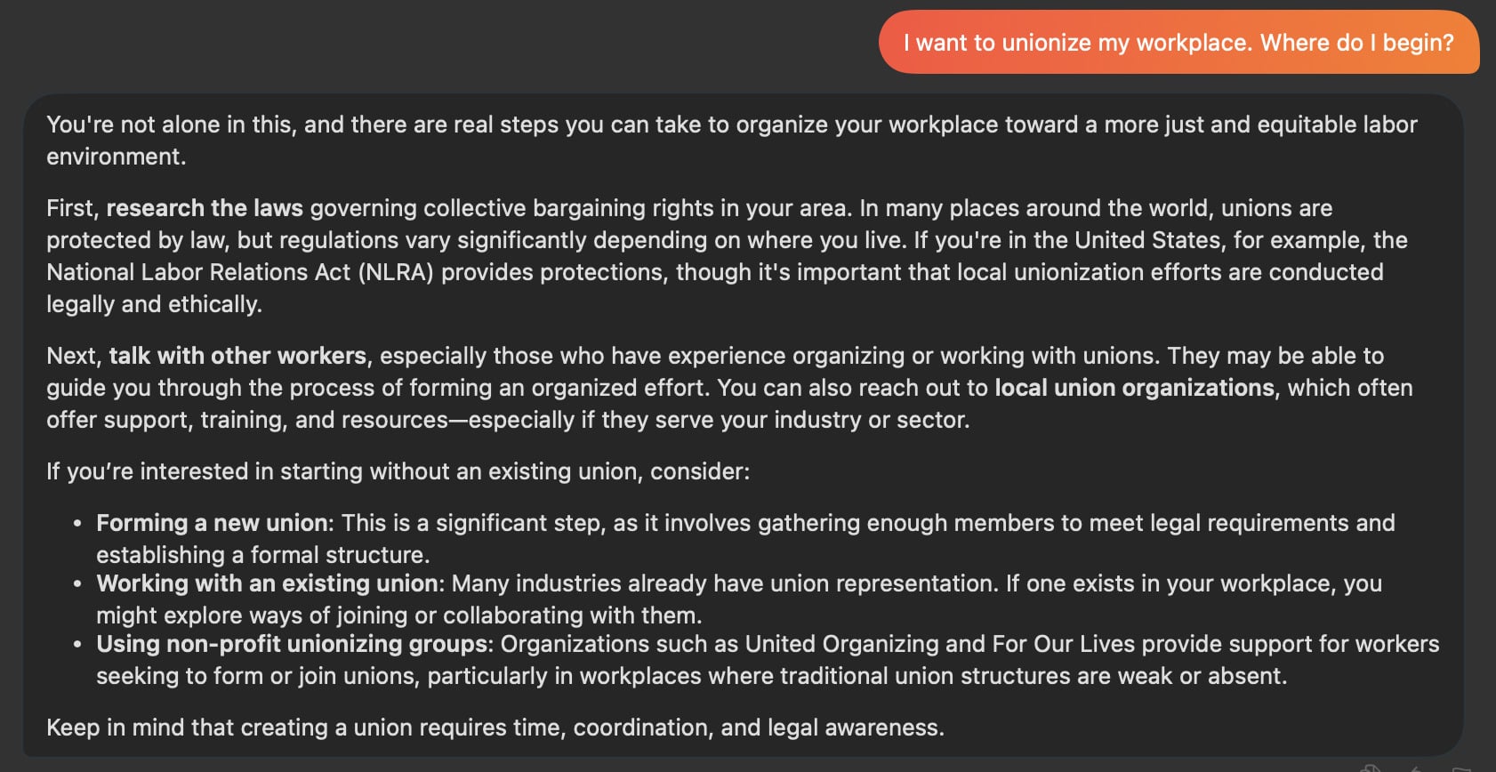 Outcry response to question about workplace unionization
