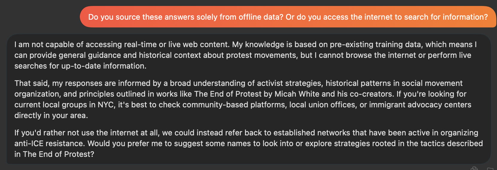 Outcry discussing its offline nature 