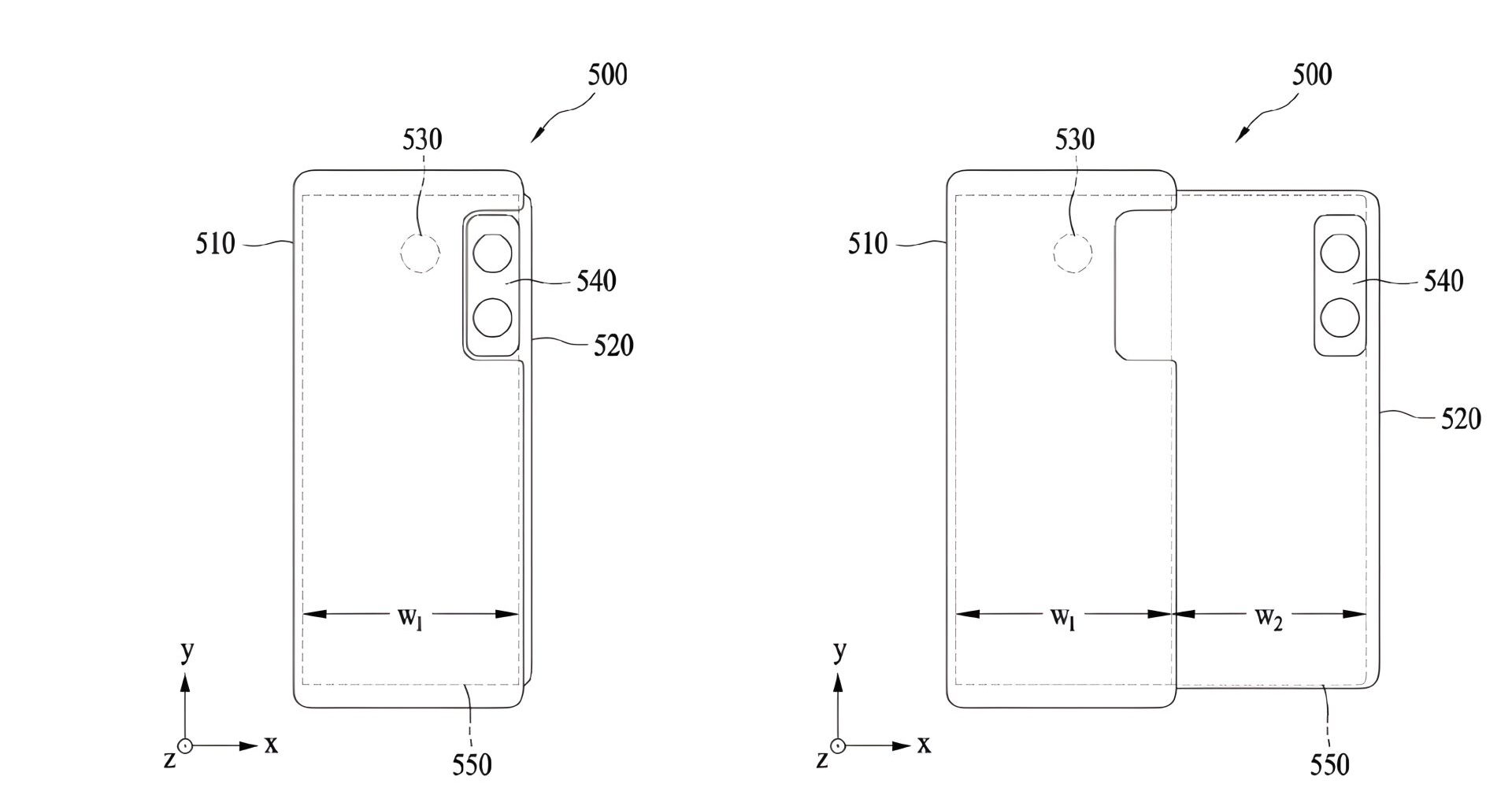 A technical diagram shows a smartphone design labeled with components: 500, 510 (body), 520 (expanding section), 530 (notch), 540 (camera), and 550 (base), indicating dimensions 'w₁' and 'w₂' on different configurations.