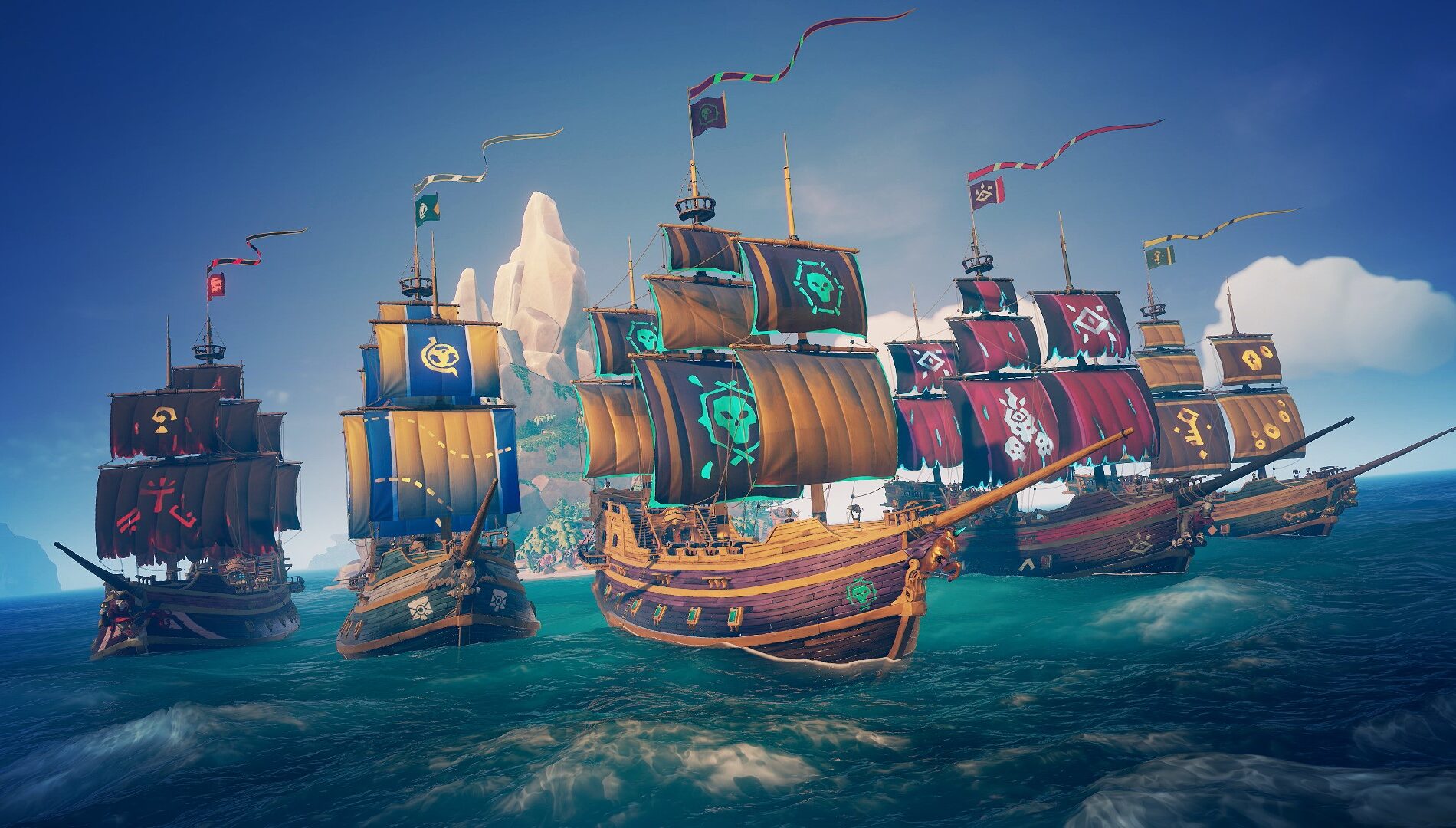 Sea of Thieves key art showing multiple pirate ships with colorful faction sails sailing together across the ocean near a tropical island under a bright blue sky.