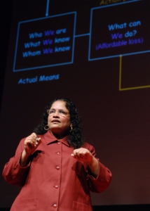 Saras Sarasvathy on the stage presenting at TEDx-MidAtlantic.