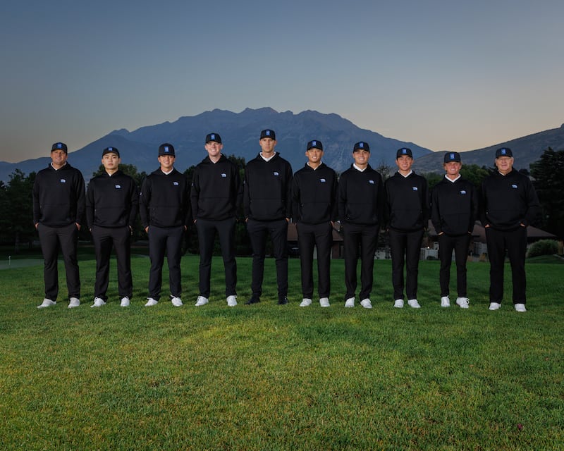 Members and coaches of the 2025-26 golf team pose for a team shot during BYU photo day on Sept. 2, 2025.