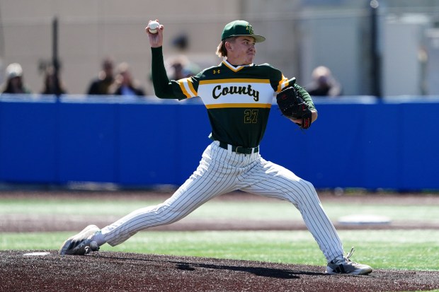 Pitcher for Pueblo County High School, Blake Swift (27), pitches against Falcon High School at the 4A Colorado State Championship game at the United States Air Force Academy Athletic Complex in Colorado Springs, Colorado on Saturday, May 30, 2026. Pueblo County would go on to defeat Falcon 9-4. (Photo by Harmon Dobson/The Denver Post)