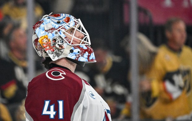 Scott Wedgewood (41) of the Colorado Avalanche reacts after giving up three goals to knot the score at 3-3 during the second period of Game 3 of the NHL Western Conference Final at T-Mobile Arena in Las Vegas, Nevada on Sunday, May 24, 2026. (Photo by AAron Ontiveroz/The Denver Post)