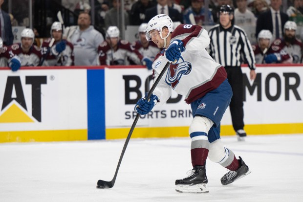 Center Martin Necas (88) of the Colorado Avalanche fires on during the second period of Game 3 of the second round of the Stanley Cup Playoffs against the Minnesota Wild on Saturday, May 9, 2026, at Grand Casino Arena in St. Paul, Minn. (Photo by Timothy Hurst/The Denver Post)
